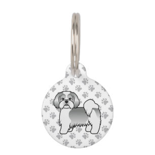 Silver & White Lhasa Apso Cartoon Dog & Pet's Info Pet Tag