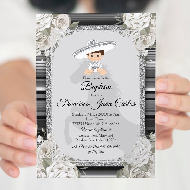 Silver White Mexican Boy Baptism Invitation (Creator Uploaded)