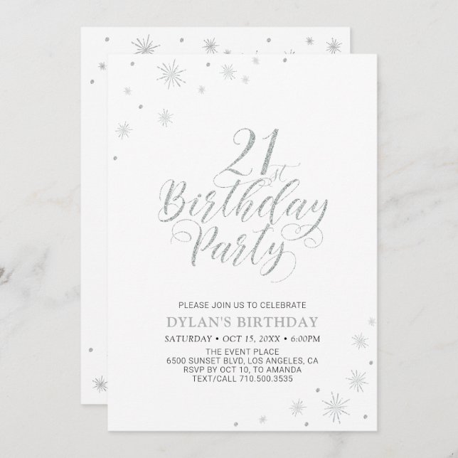 Silver & White | Modern Chic 21st Birthday Party Invitation (Front/Back)