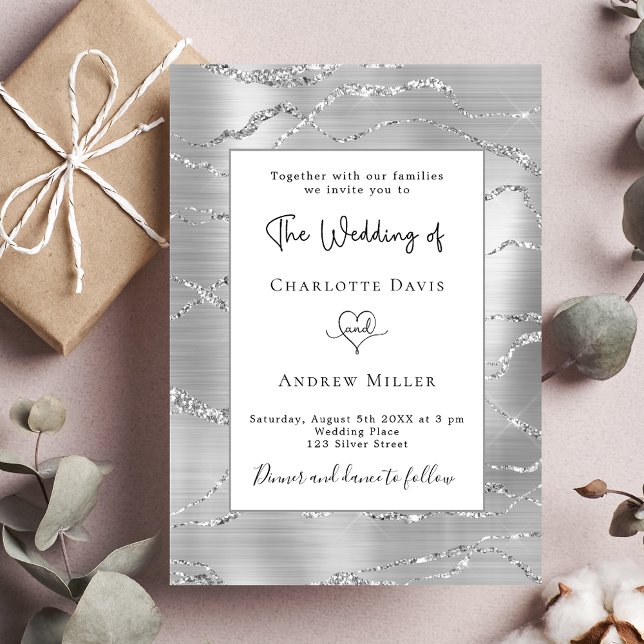 Silver white modern elegant luxury wedding invitation (Creator Uploaded)