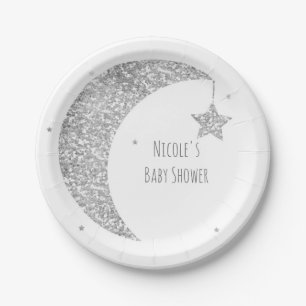 Silver & White Moon & Stars Baby Shower Paper Plate
