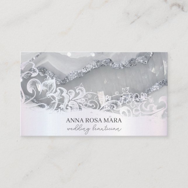 *~* Silver White Ornate QR Agate  AP66 Luxe Grey Business Card (Front)