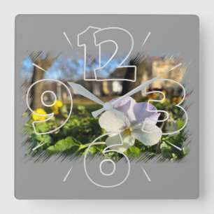 Silver white pansy square wall clock