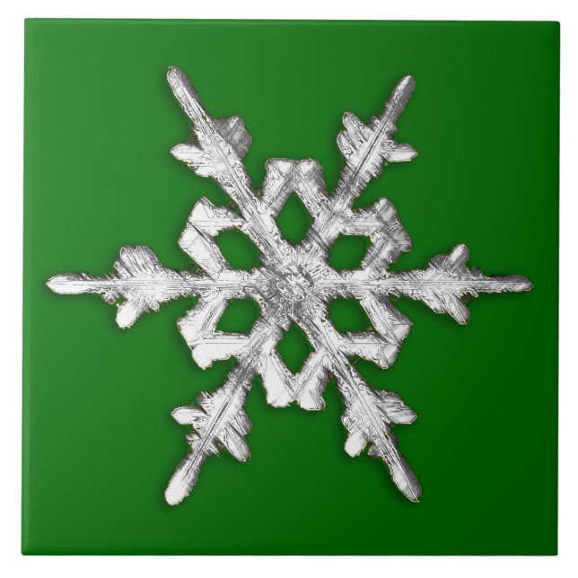 Silver & white snowflake on pine green tile (Front)