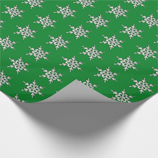 Silver & white snowflake on pine green wrapping paper (Corner)