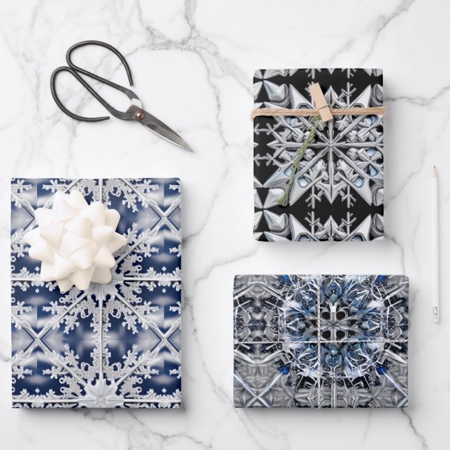 "Silver" & White Snowflakes on Blue Black Navy  Wrapping Paper Sheet (Front)