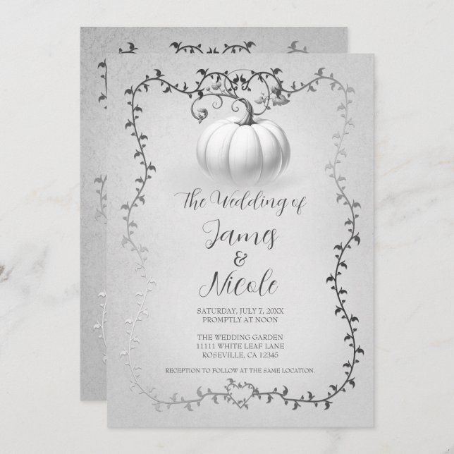 Silver & White Storybook Pumpkin Wedding Invitation (Front/Back)