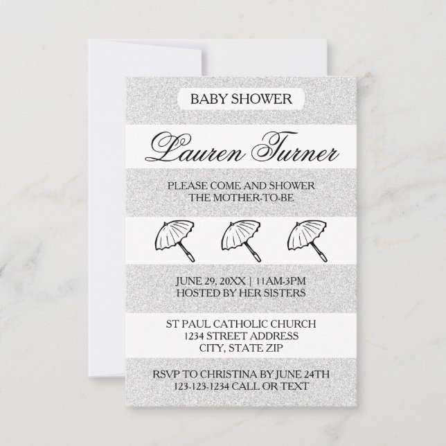 Silver& White Stripes - 3x5 Baby Shower Invitation (Front)