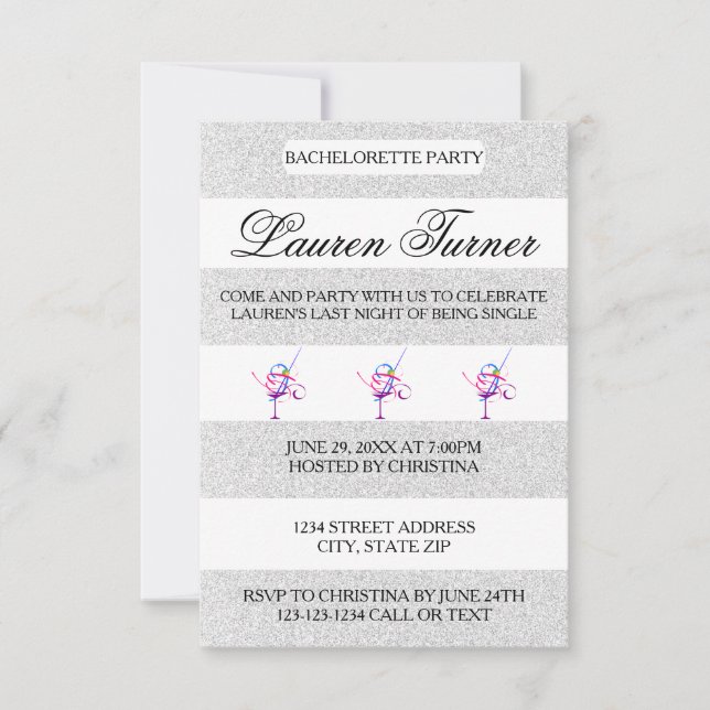 Silver & White Stripes-3x5 Bachelorette Invitation (Front)