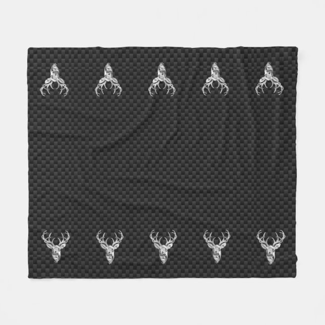 Silver White Tail Deer on Carbon Fibre Style Print Fleece Blanket (Front (Horizontal))