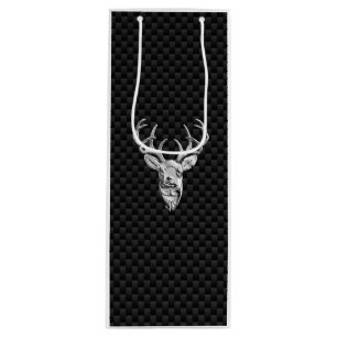 Silver White Tail Deer on Carbon Fibre Style Print Wine Gift Bag