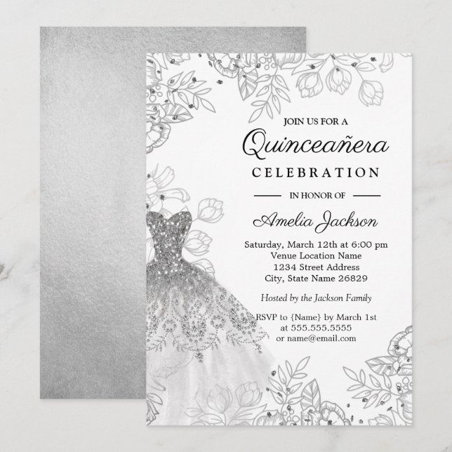 Silver White Vintage Floral Dress Quinceanera Invitation (Front/Back)