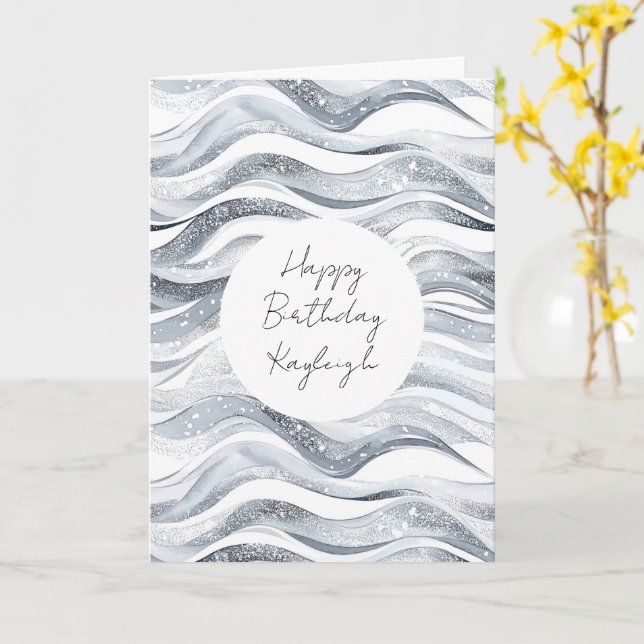 Silver White Waves Birthday Card (Yellow Flower)