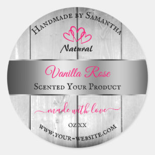 Silver White Wood Grain Product Labels Pink Hearts