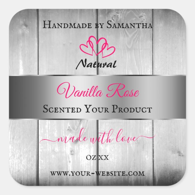 Silver White Wood Grain Product Labels Pink Hearts (Front)