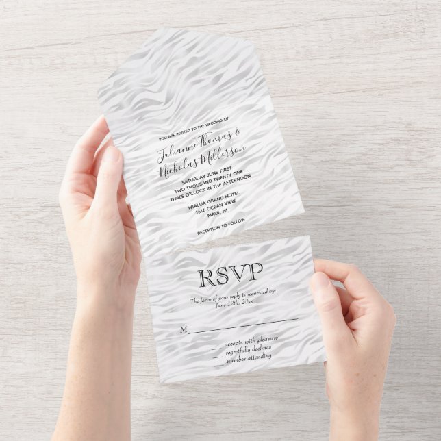 Silver White Zebra Print All In One Invitation (Tearaway)