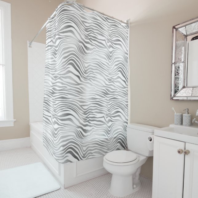 Silver White Zebra Print Shower Curtain (In Situ)