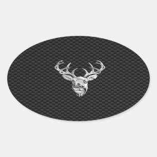 Silver Wild Deer on Carbon Fibre Style Decor Oval Sticker