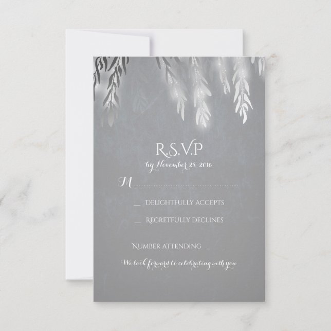 Silver Willow Tree Branches Wedding RSVP Cards (Front)