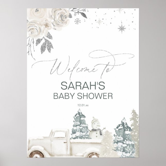 Silver Winter Baby Shower or Birthday Welcome Sign (Front)