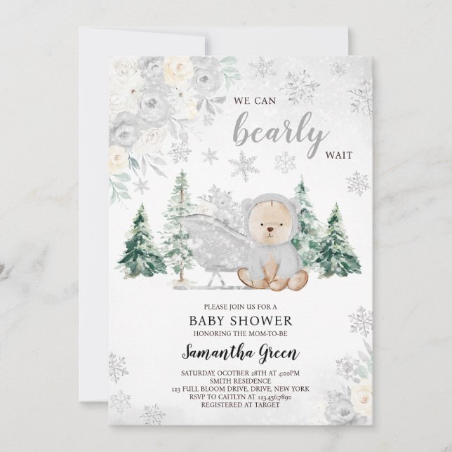 Silver Winter Bear Baby Shower Invitation (Front)