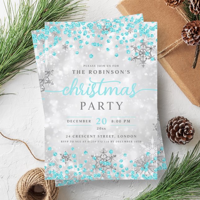 Silver Winter Diamonds Christmas Turquoise  Invitation (Silver Winter Diamonds Christmas Turquoise Invitation)