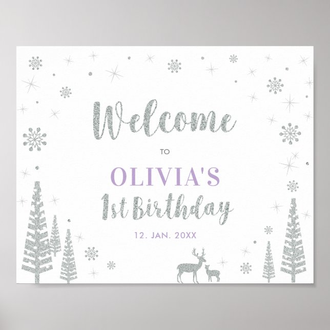 Silver Winter Girl 1st Birthday Party Welcome Sign (Front)