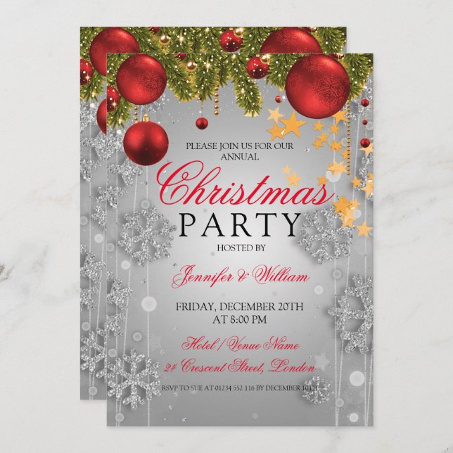 Silver Winter Glam Christmas Holiday Party Invitation (Front/Back)