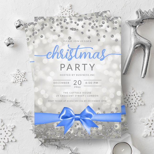 Silver Winter Glam Company Xmas Blue Ribbon Invitation (Silver Winter Glam Company Xmas Blue Ribbon Invitation)