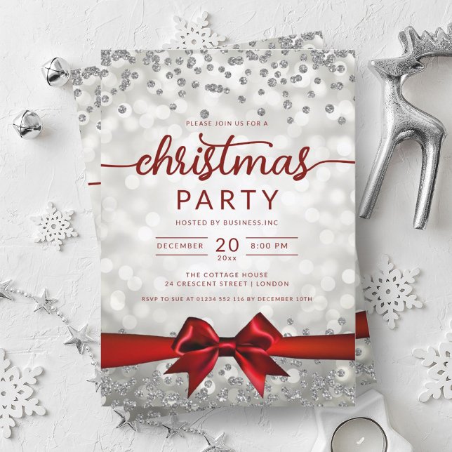Silver Winter Glam Company Xmas Red Ribbon Invitation (Silver Winter Glam Company Xmas Red Ribbon Invitation)