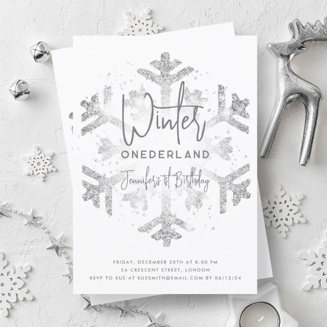 Silver Winter ONEDERLAND 1st Birthday FAUX Glitter Invitation (Silver Winter ONEDERLAND 1st Birthday FAUX Glitter Invitation)