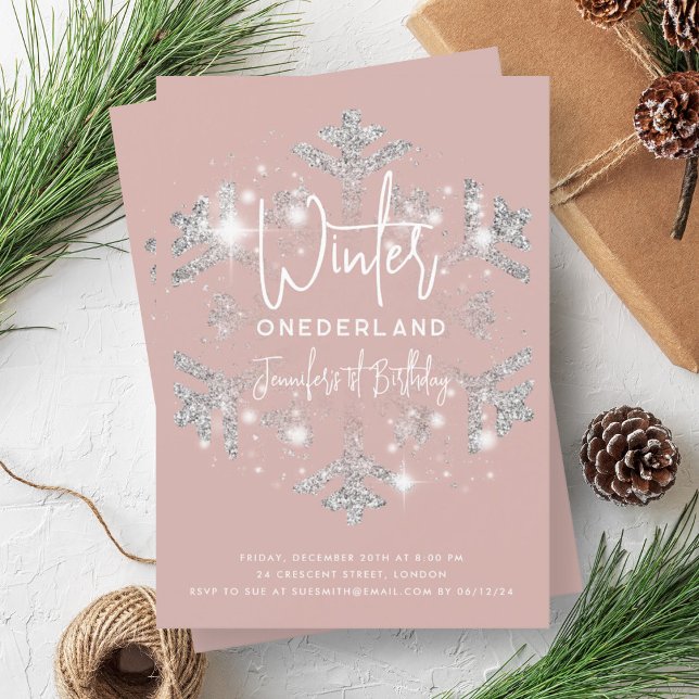 Silver Winter ONEDERLAND Birthday Dusty Rose Invitation (Silver Winter ONEDERLAND Birthday Dusty Rose Invitation)