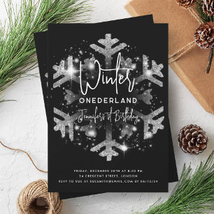 Silver Winter ONEDERLAND Birthday Glitter Black Invitation