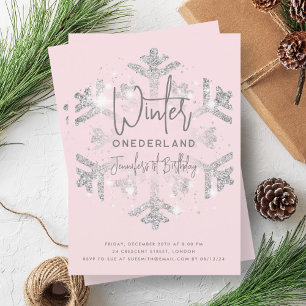Silver Winter ONEDERLAND Birthday Glitter Blush Invitation