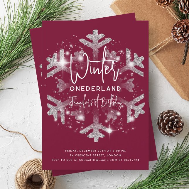 Silver Winter ONEDERLAND Birthday Glitter Magenta Invitation (Silver Winter ONEDERLAND Birthday Glitter Magenta Invitation)