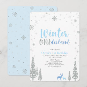 Silver Winter onederland boy 1st birthday party Invitation