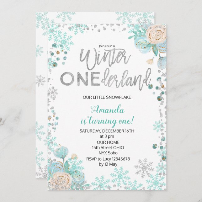 Silver Winter ONEderland Snow Birthday Invite Girl (Front/Back)