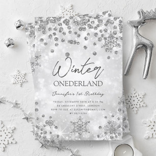 Silver Winter ONEDERLAND Sparkle 1st Birthday Invitation