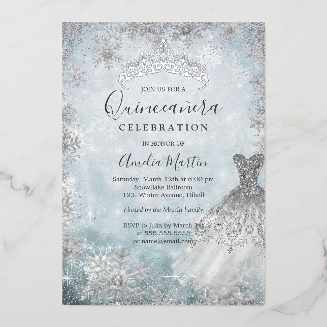 Silver Winter Snowflake Blue Quinceanera Foil (Front)