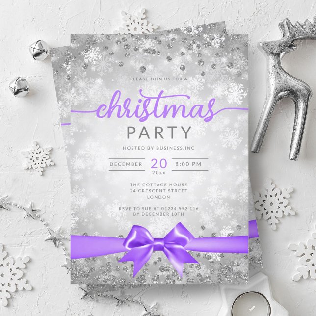 Silver Winter Snowflakes Company Purple Ribbon Invitation (Silver Winter Snowflakes Company Purple Ribbon Invitation)