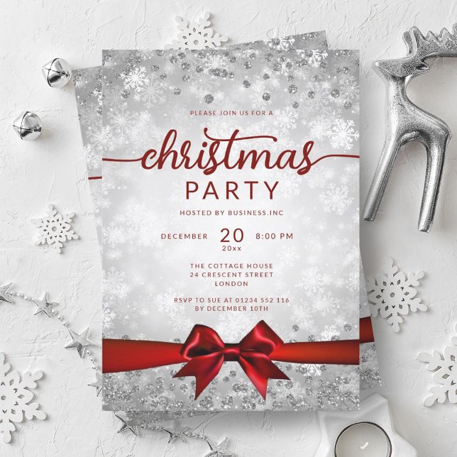 Silver Winter Snowflakes Company Red Ribbon Invitation (Creator Uploaded)