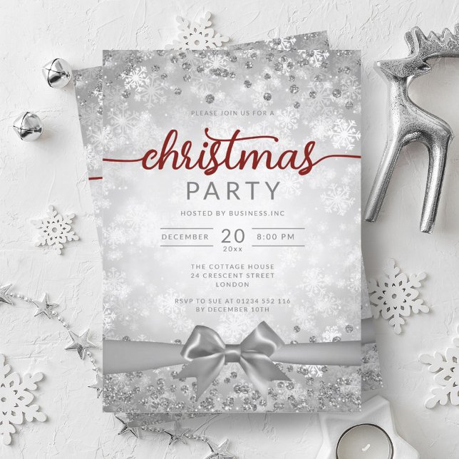 Silver Winter Snowflakes Company Red Ribbon Invitation (Silver Winter Snowflakes Company Red Ribbon Invitation)