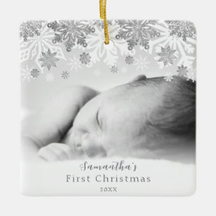 Silver Winter Snowflakes Personalised Baby Ceramic Ornament