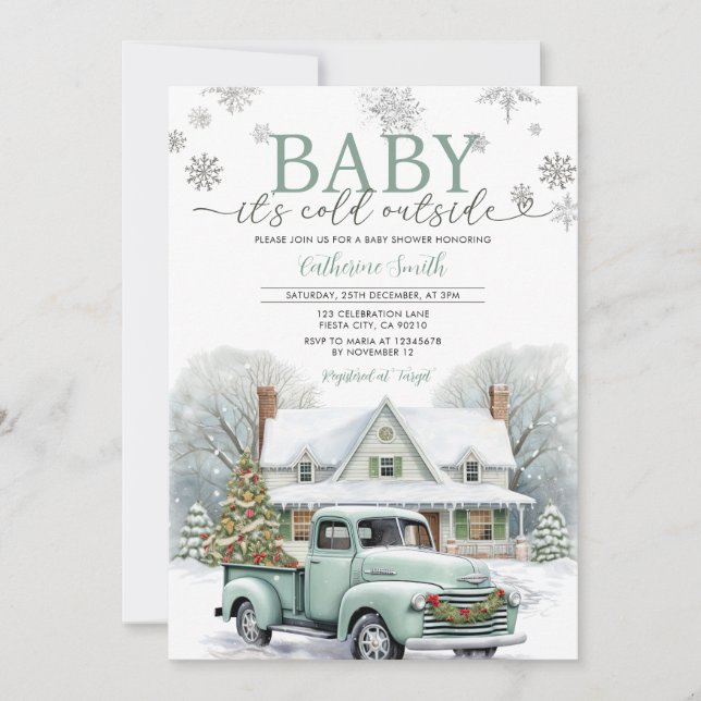 Silver Winter Truck It’s Cold Outside Baby Shower Invitation (Front)