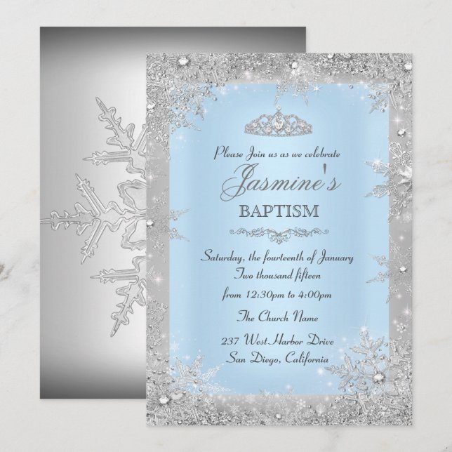 Silver Winter Wonderland Blue Baptism Christening Invitation (Front/Back)