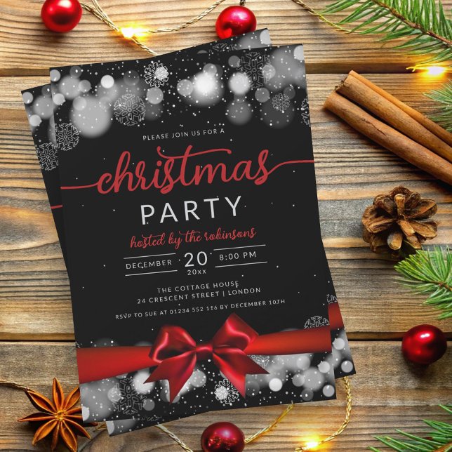 Silver Winter Wonderland Family Xmas Red Ribbon Invitation (Silver Winter Wonderland Family Xmas Red Ribbon Invitation)