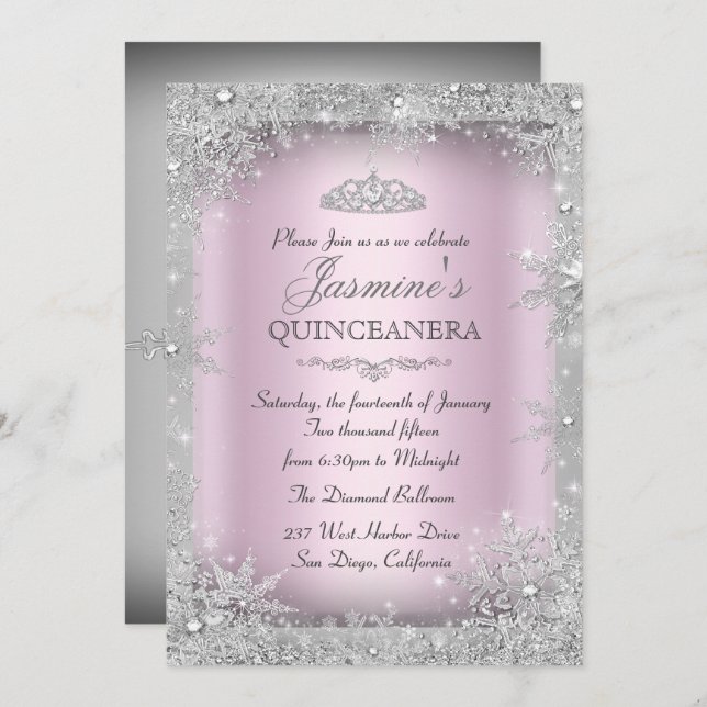 Silver Winter Wonderland Pink Quinceanera Party Invitation (Front/Back)