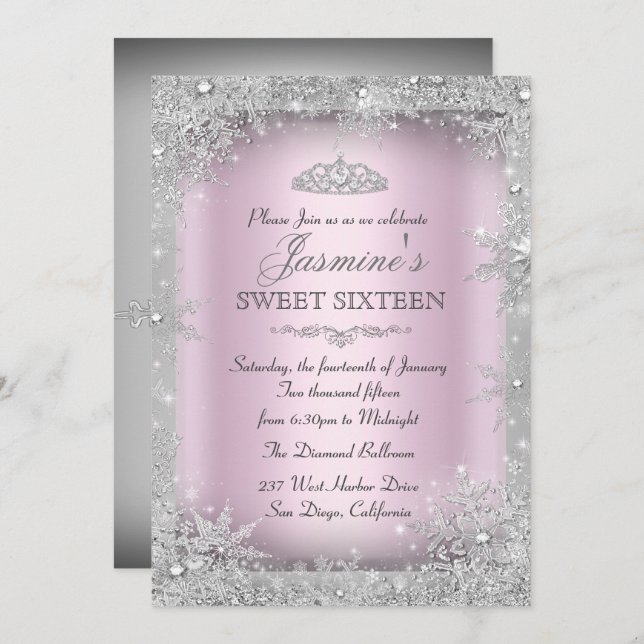 Silver Winter Wonderland Pink Sweet 16 Invitation (Front/Back)