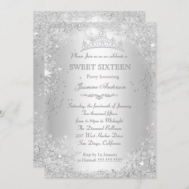 Silver Winter Wonderland Sweet 16 Tiara Invitation (Front/Back)