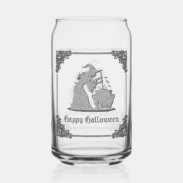 Silver Witch & Cauldron Halloween Can Glass (Front)